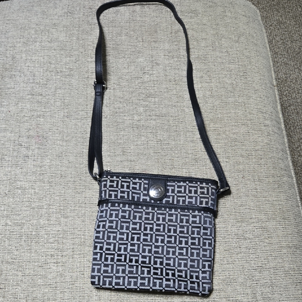 Tommy Hilfiger Black and Gray Patterned Crossbody Bag